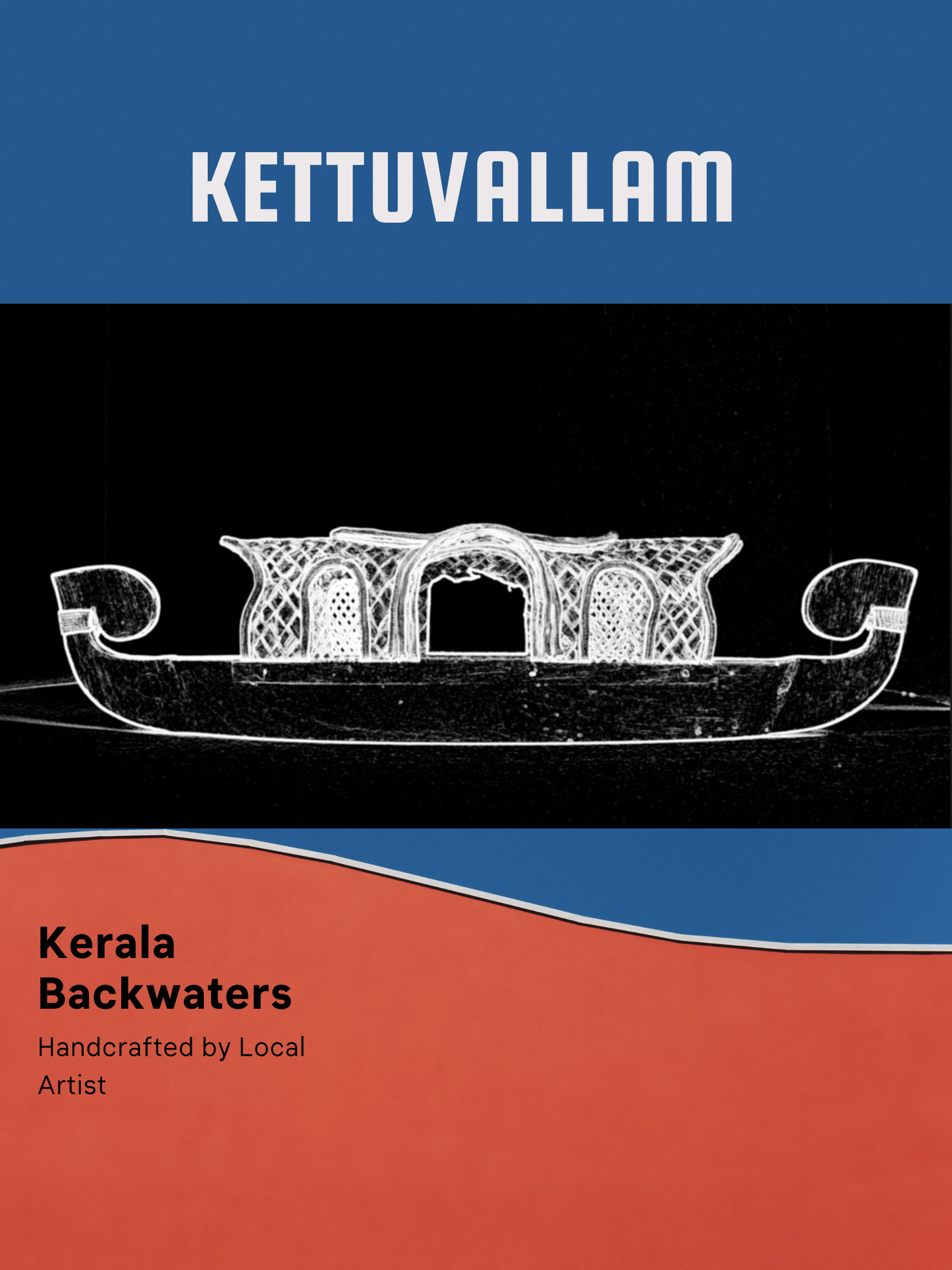 Kettuvallam Kerala backwaters artwork with a blue, black, and coral graphic composition